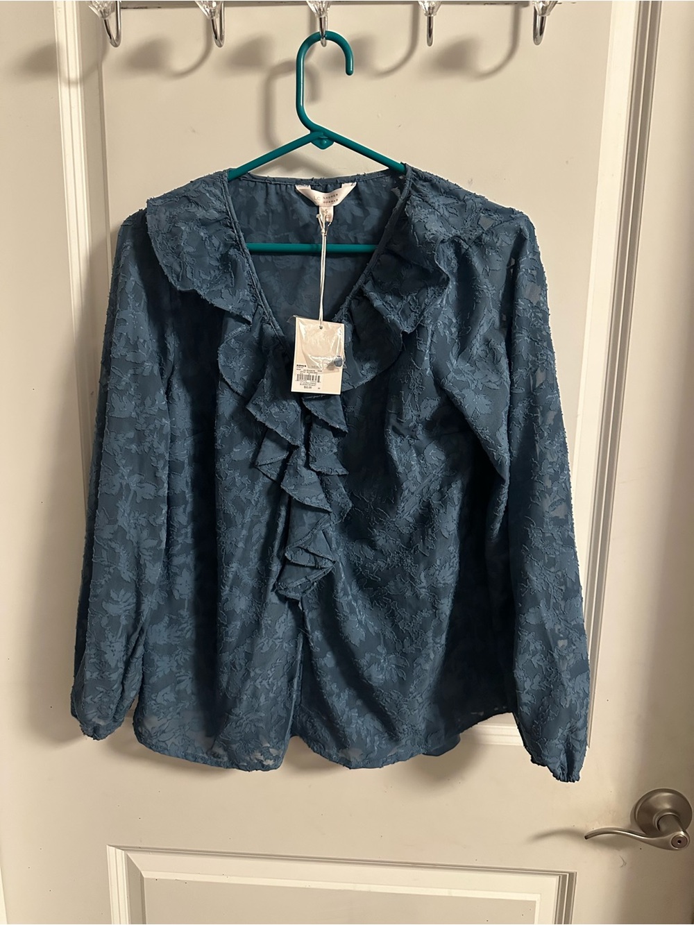 LC Lauren Conrad Blue Ruffle Front Lace-Texture Blouse